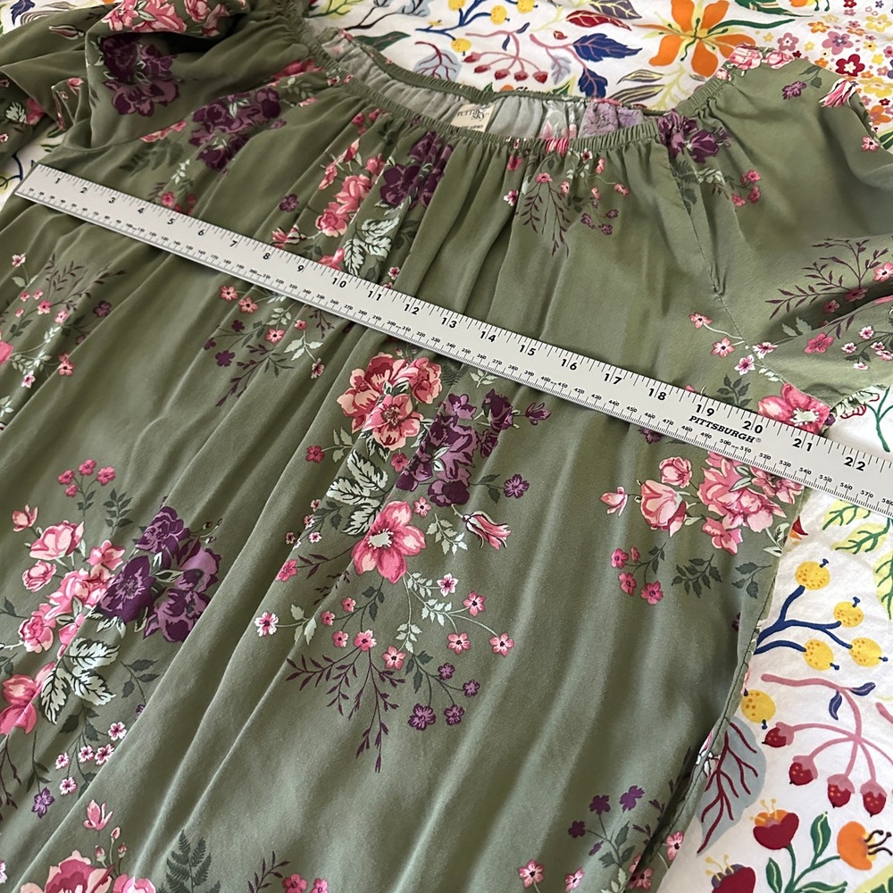 Terra & Sky Peasant Top Womens 1X Olive Green Floral Ruffle Bell Sleeve Boho - Picture 4 of 11